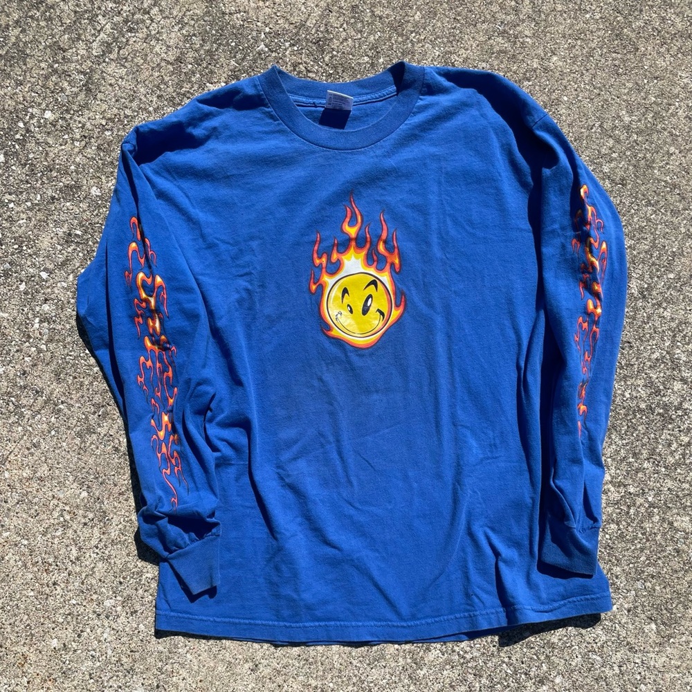 Blue Long Sleeve Tee with Flaming Smiley Graphic